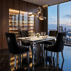 1.2m Grey Marble Dining Table with 4 Vienna Black Silver Chairs UK