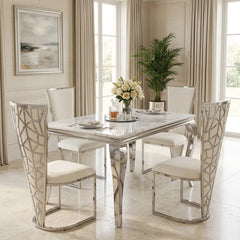 1.2m Grey Marble Dining Table with 4 Vienna Cream Silver Chairs UK