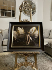 Kneeling Angel Wings Golden Wall Art Alpha Black Frame 55Cm X 65Cm