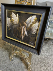Kneeling Angel Wings Golden Wall Art Alpha Black Frame 55Cm X 65Cm