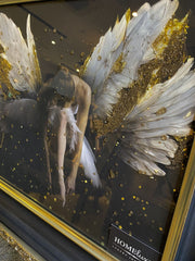 Kneeling Angel Wings Golden Wall Art Alpha Black Frame 55Cm X 65Cm