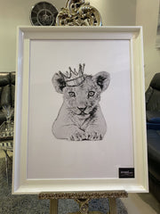 Lion Cub King Crown White Wall Art With White Frame
