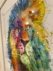 Lion Multicolor Wall Art White Step Frame