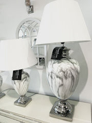 Marble Effect Table Lamp With White Round Shade Extra Large