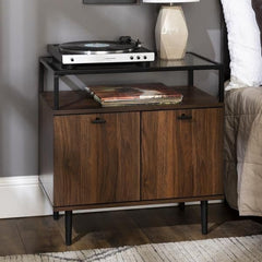 Modern Glass Top 2-Door Side Table - Dark Walnut