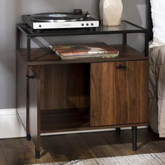 Modern Glass Top 2-Door Side Table - Dark Walnut