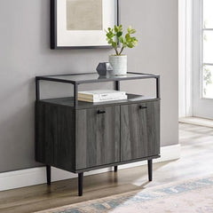 Modern Glass Top 2-Door Side Table - Slate Grey