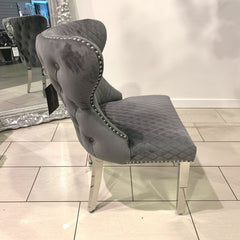 Pair Of Valencia Velvet Dining Chair With Lion Knocker In Grey