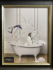 Penguins Bathtime Wall Art Alpha Black Frame 55Cm X 65Cm