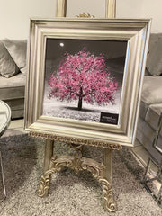 Pink Blossom Tree Glitter Wall Art Antique Frame