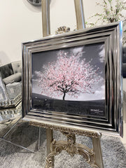 Pink Blossom Tree Glitter Wall Art Chrome Frame