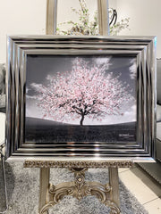 Pink Blossom Tree Glitter Wall Art Chrome Frame