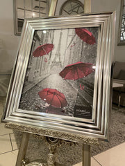 Pink Umbrellas Rain In Paris Wall Art Chrome Step Frame 55Cm X 65Cm