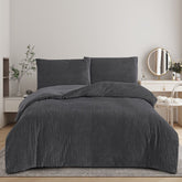 Plush Ribbed Plain Duvet Set With Piilowcases