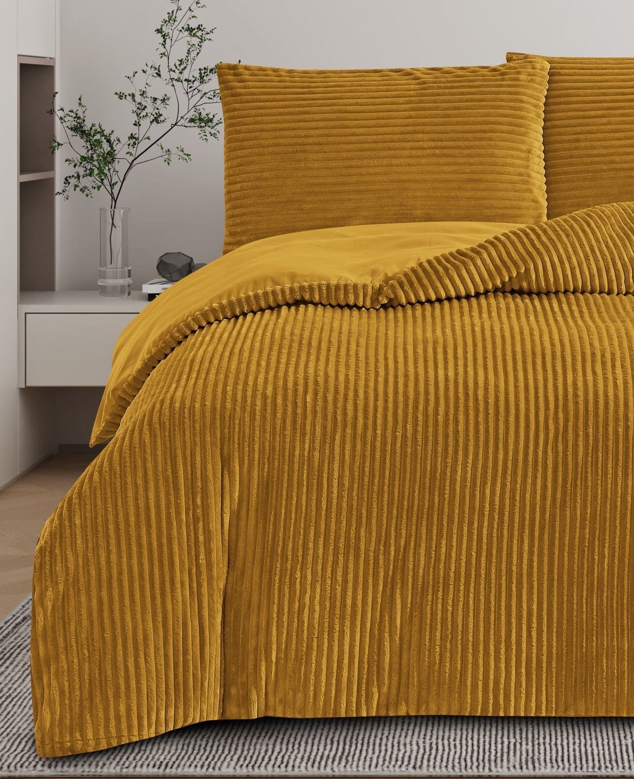Plush Ribbed Plain Duvet Set With Piilowcases