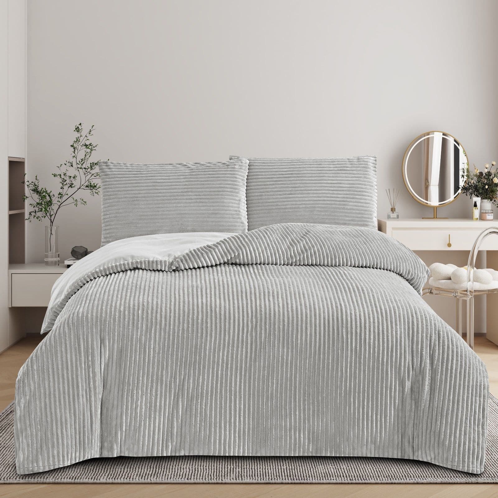 Plush Ribbed Plain Duvet Set With Piilowcases