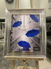 Raining Blue Umbrella In Paris Wall Art Chrome Frame