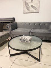 Ribbed Glass Top Round Coffee Table With Black Frame