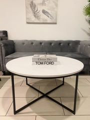 White Faux Marble Round Coffee Table With Black Frame