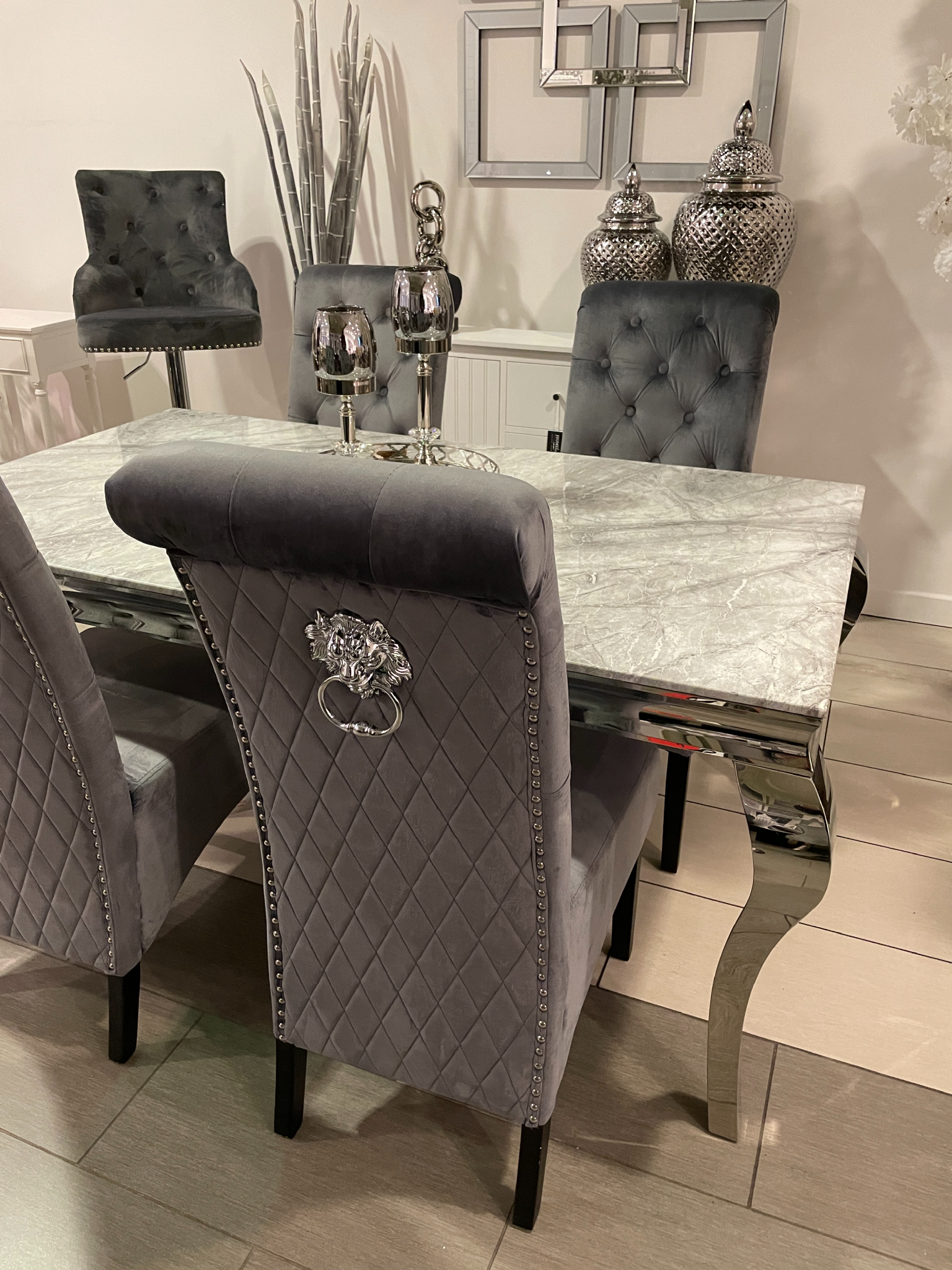 1.6m Grey Marble Dining Table & Grey Madrid Chairs