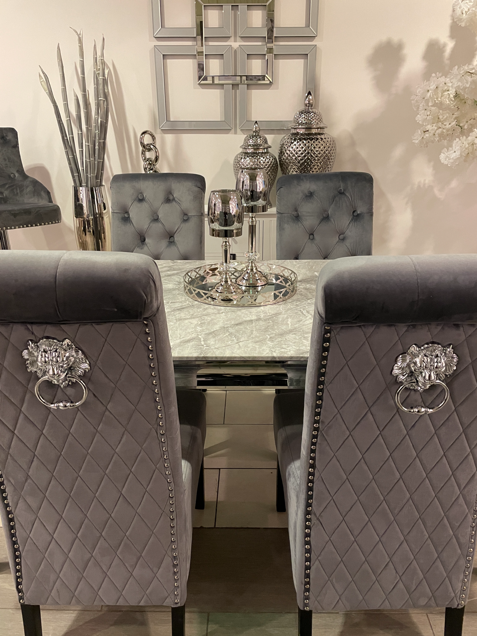 1.6m Grey Marble Dining Table & Grey Madrid Chairs