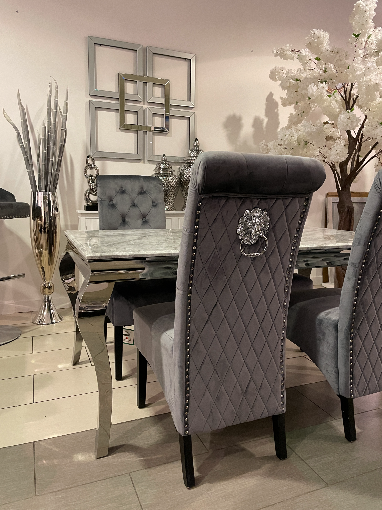 1.6m Grey Marble Dining Table & Grey Madrid Chairs