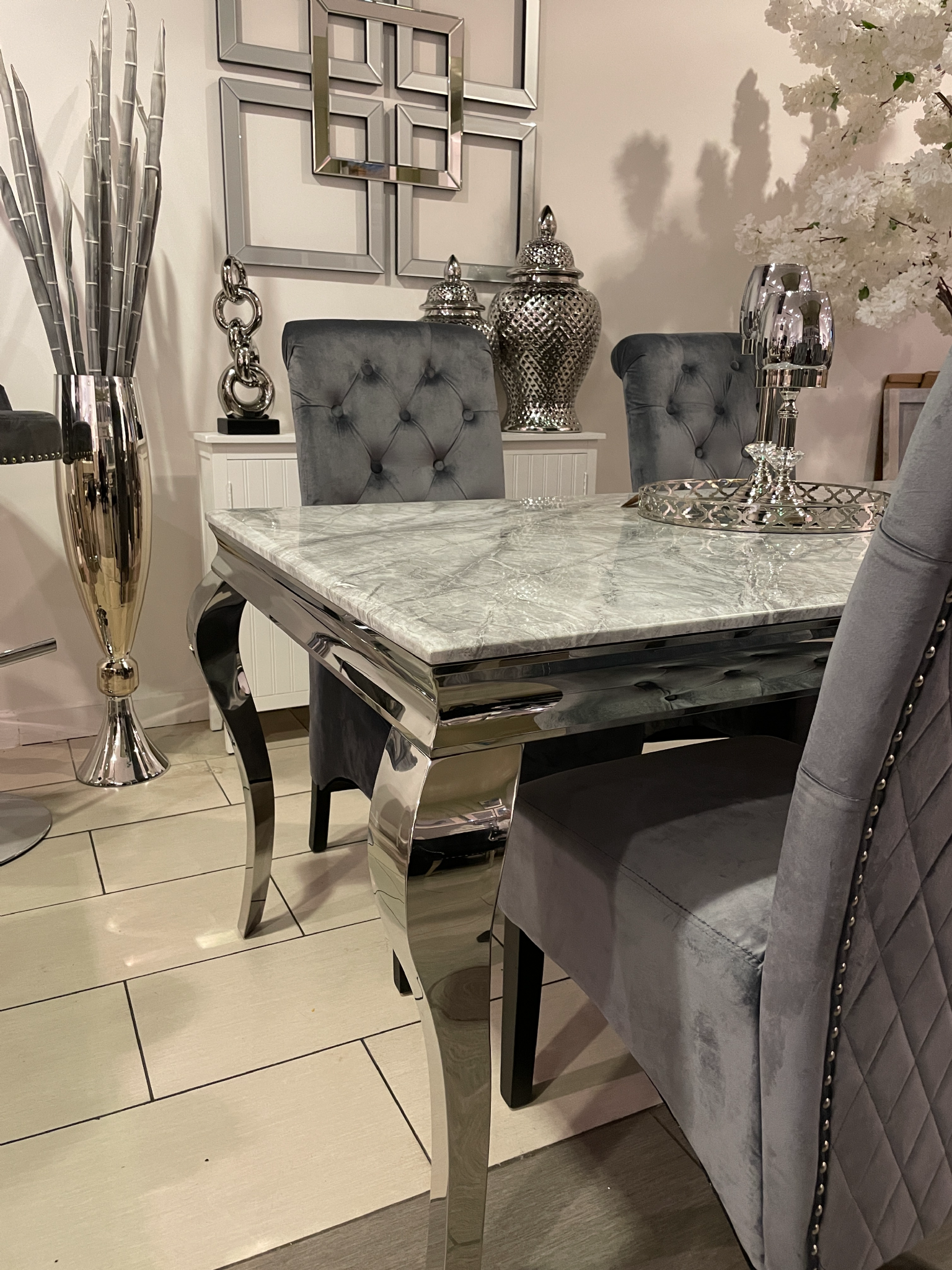 1.6m Grey Marble Dining Table & Grey Madrid Chairs