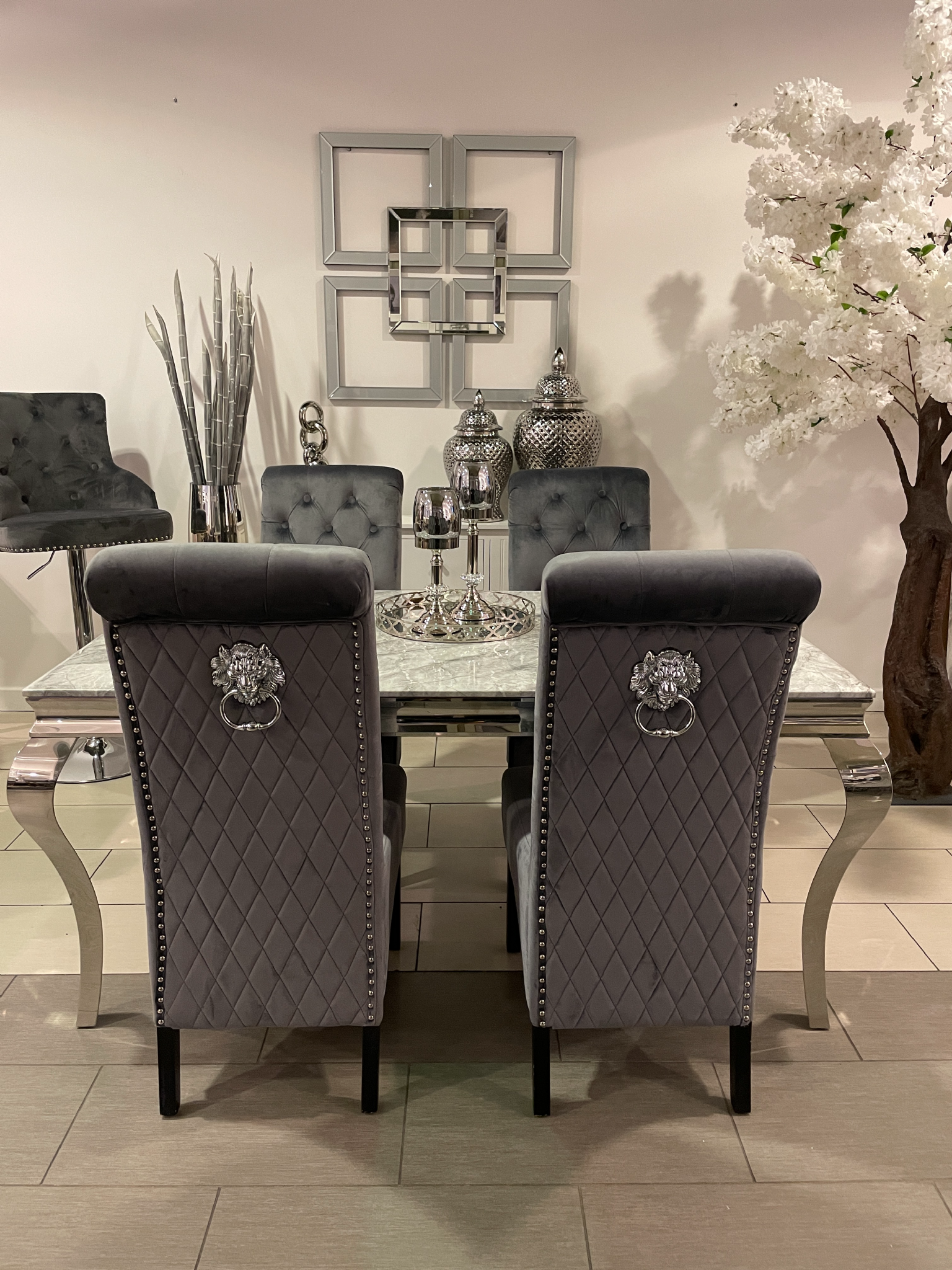 1.6m Grey Marble Dining Table & Grey Madrid Chairs