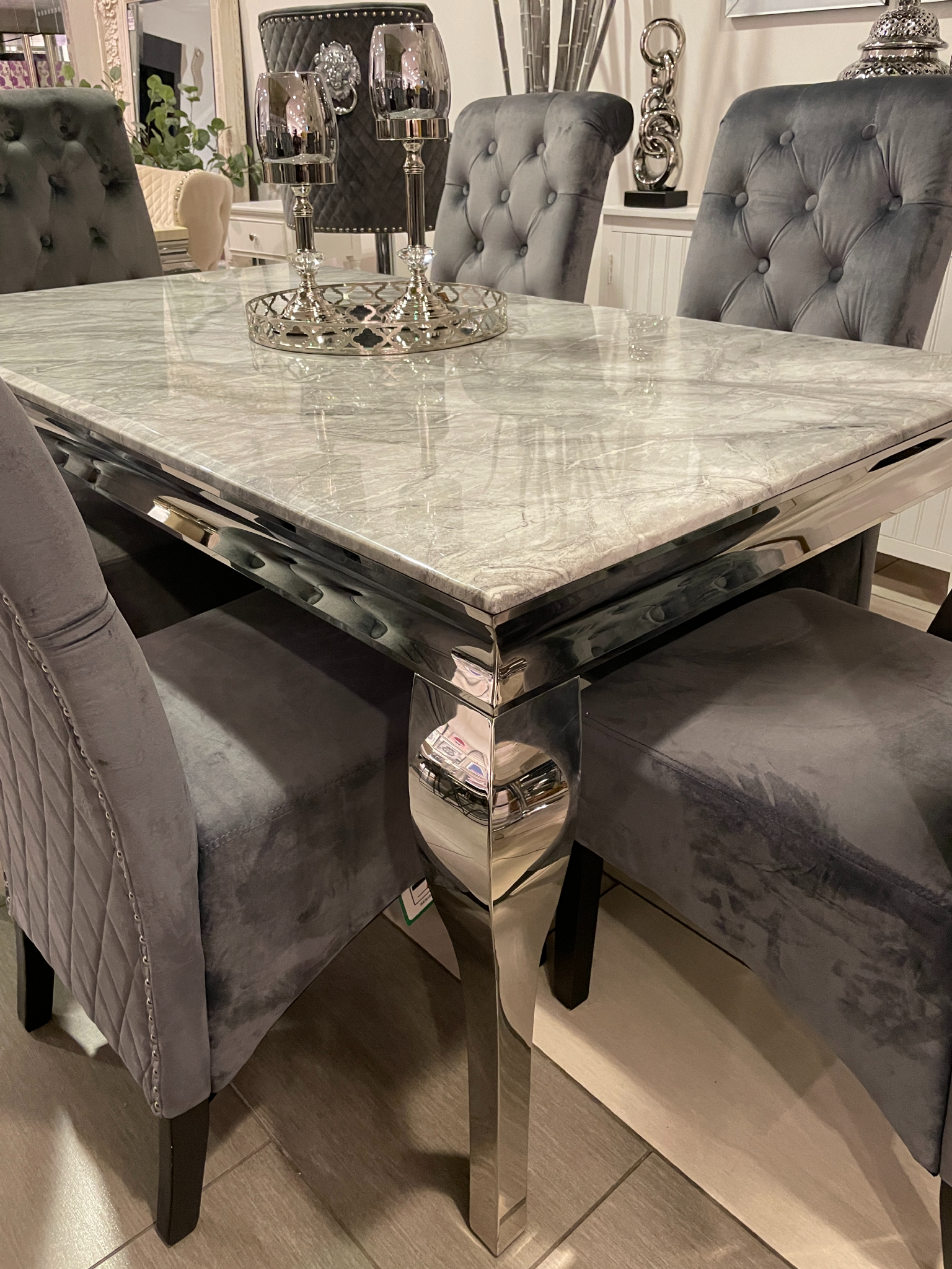 1.6m Grey Marble Dining Table & Grey Madrid Chairs