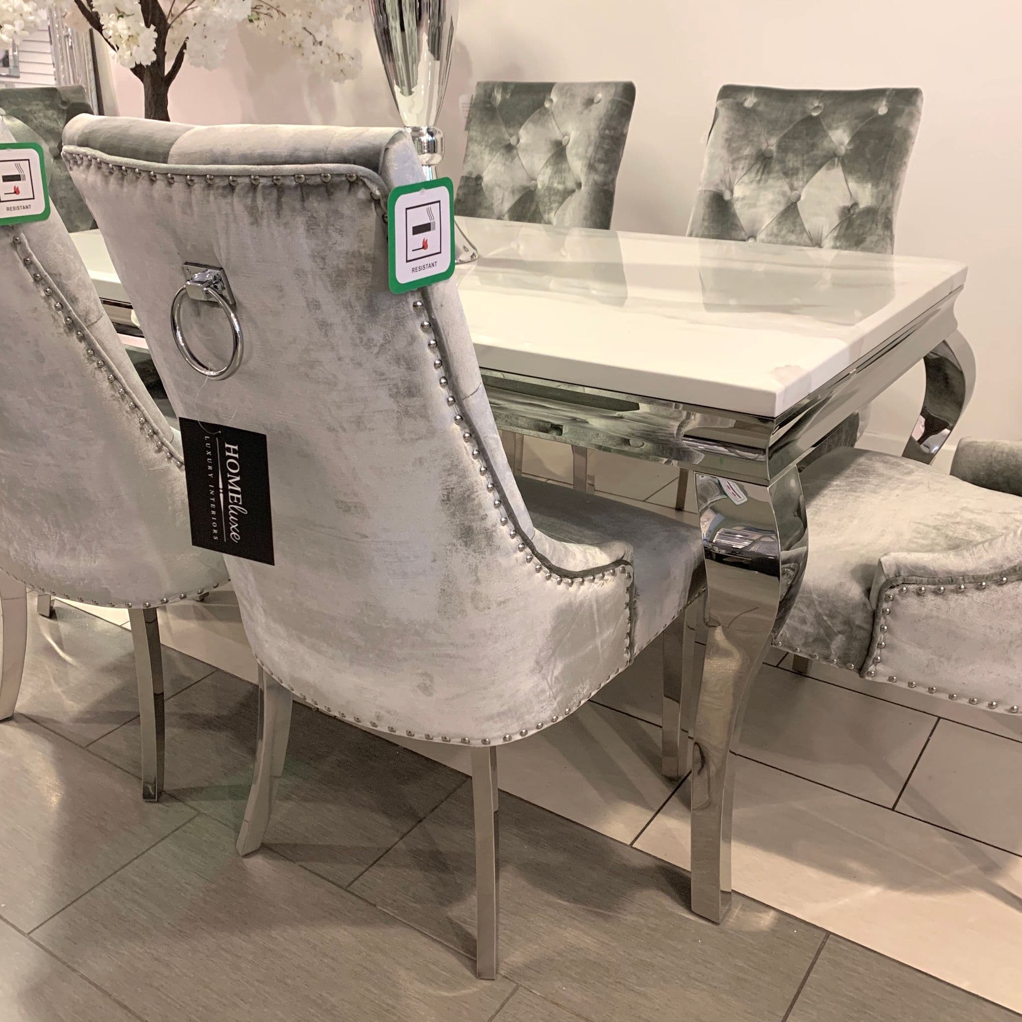 1.6m Marble Grey Dining Table Isabella Silver Chairs