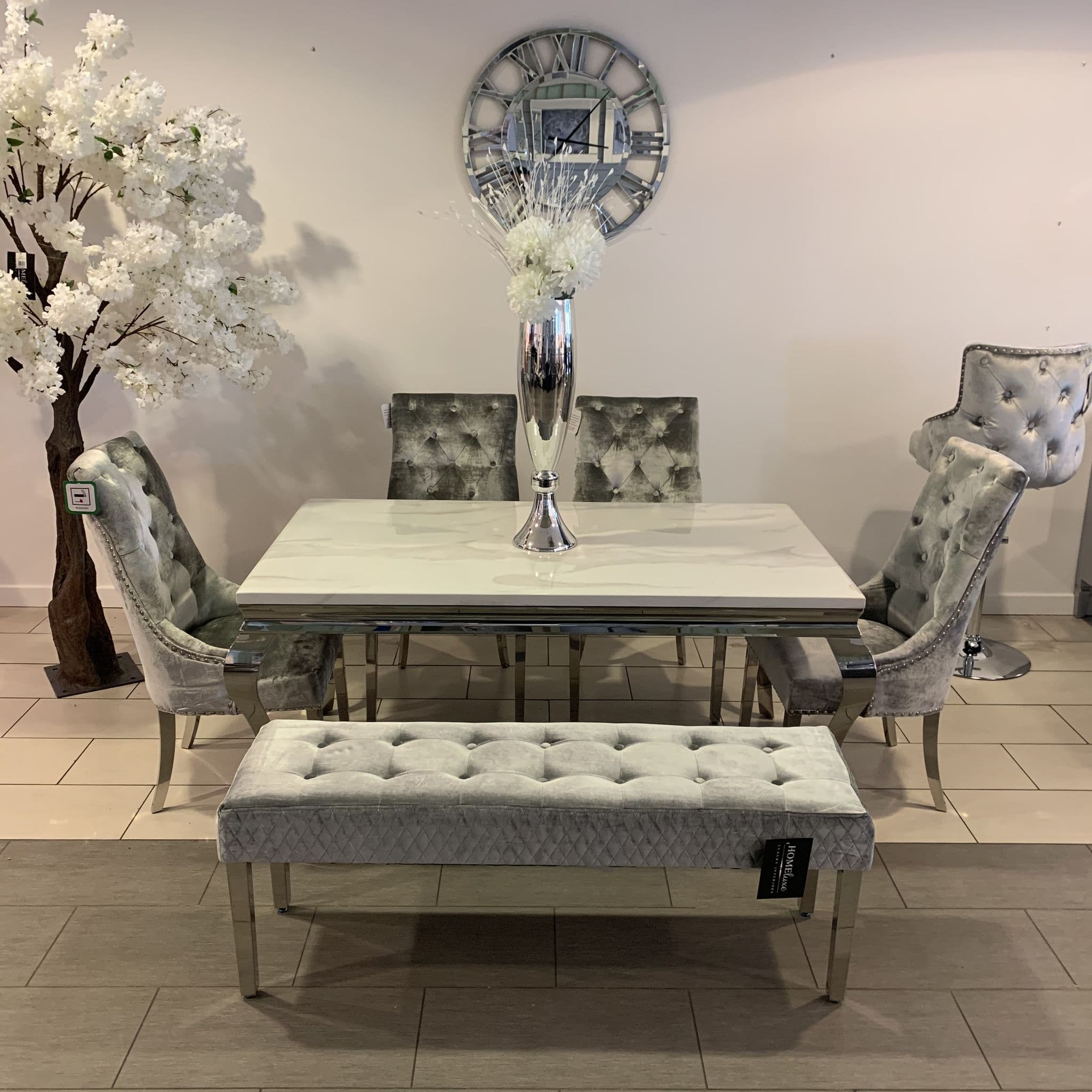 1.6m Marble Grey Dining Table Isabella Silver Chairs