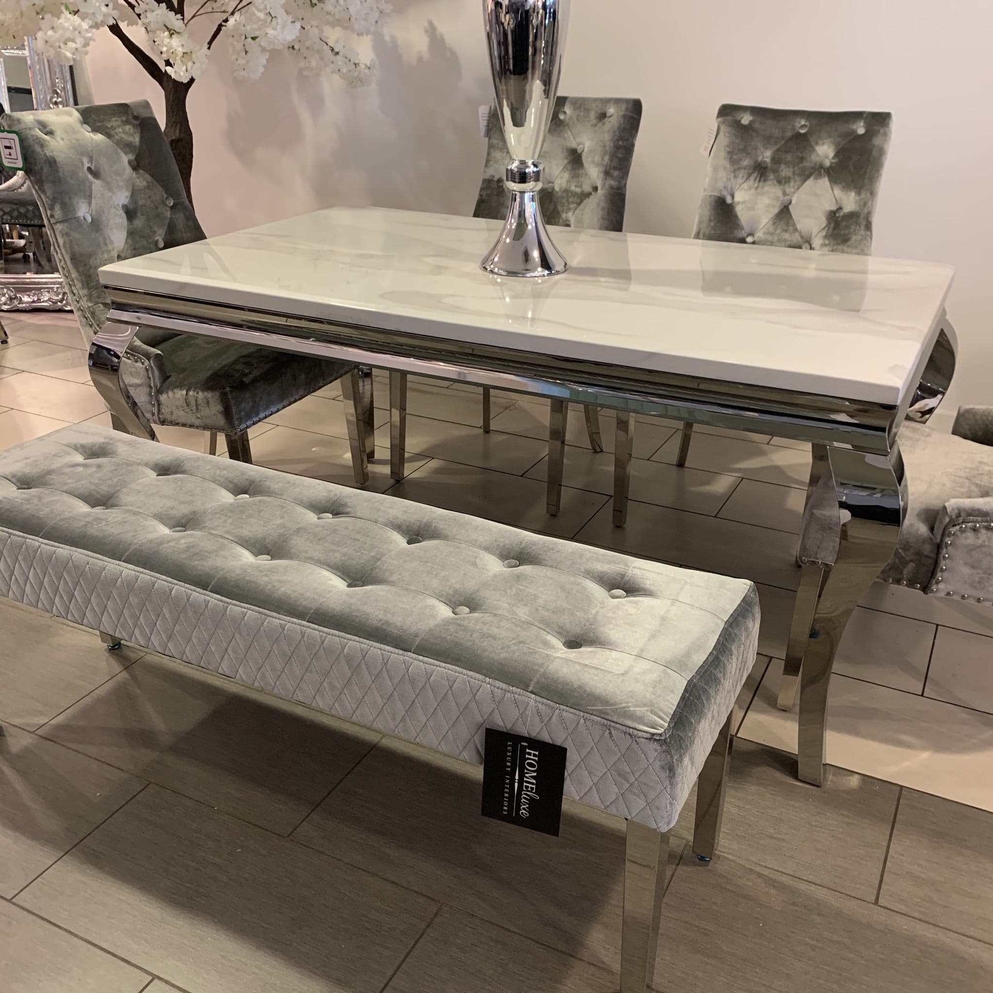 1.6m Marble Grey Dining Table Isabella Silver Chairs