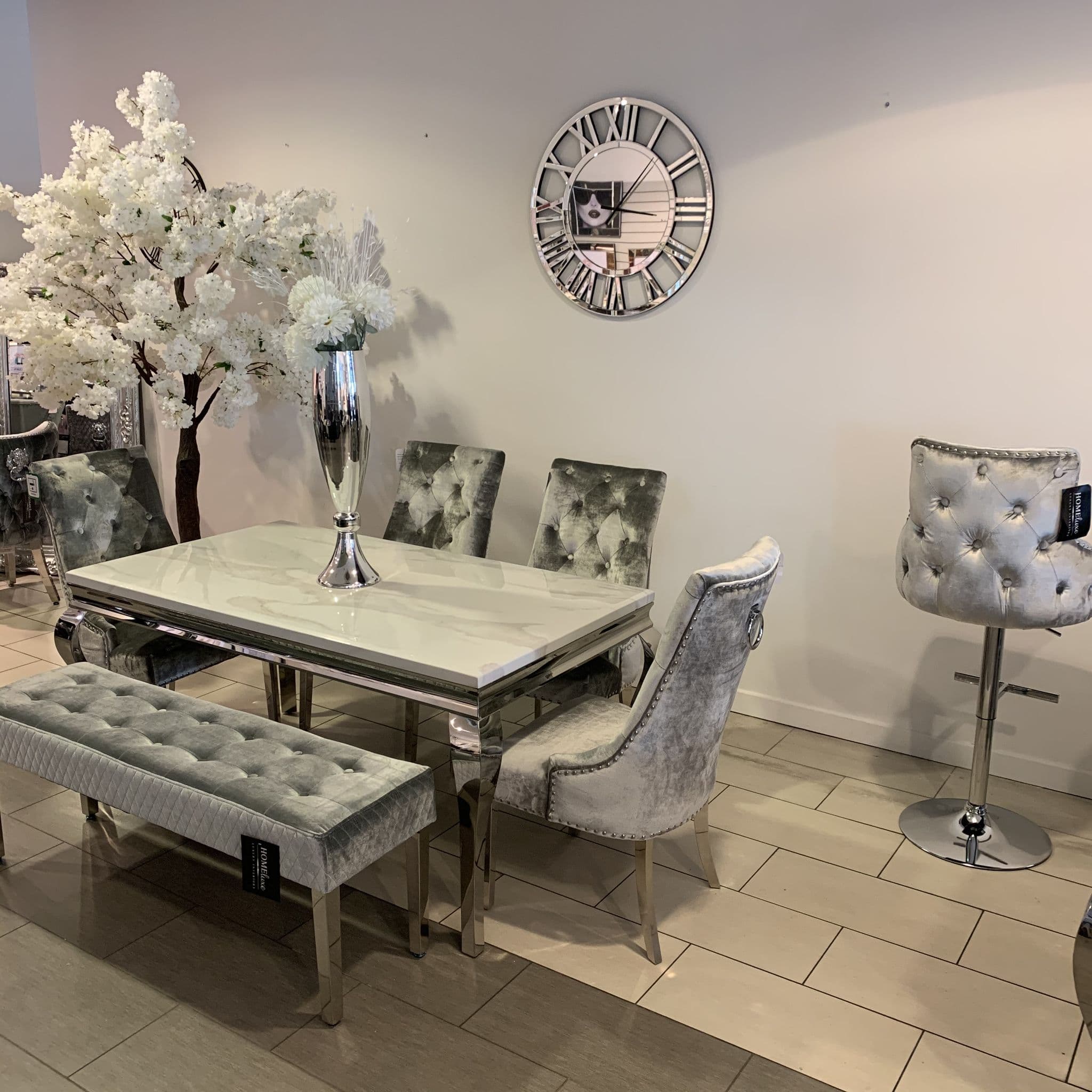 1.6m Marble Grey Dining Table Isabella Silver Chairs