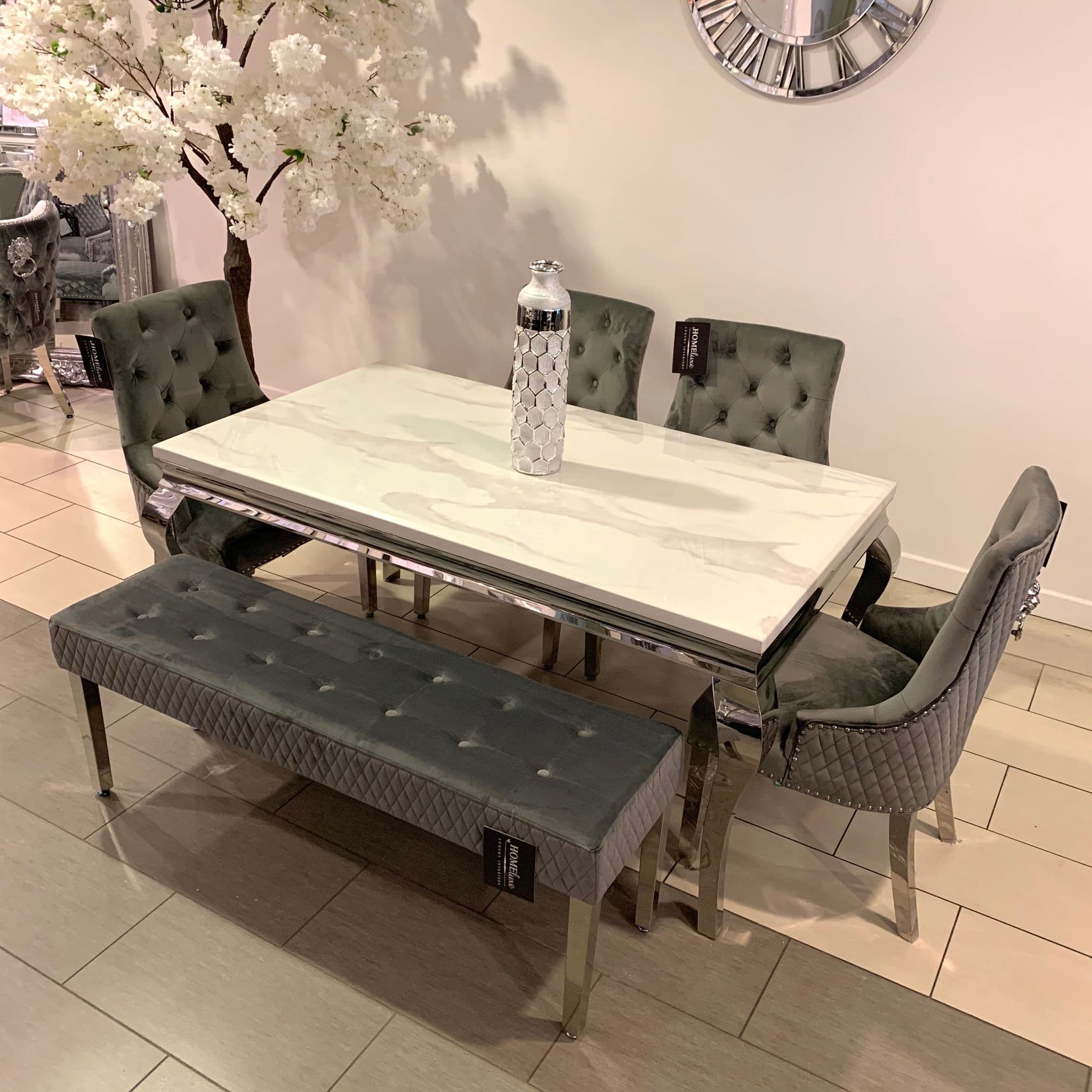 1.6m Marble White Dining Table  Minister Grey Chairs