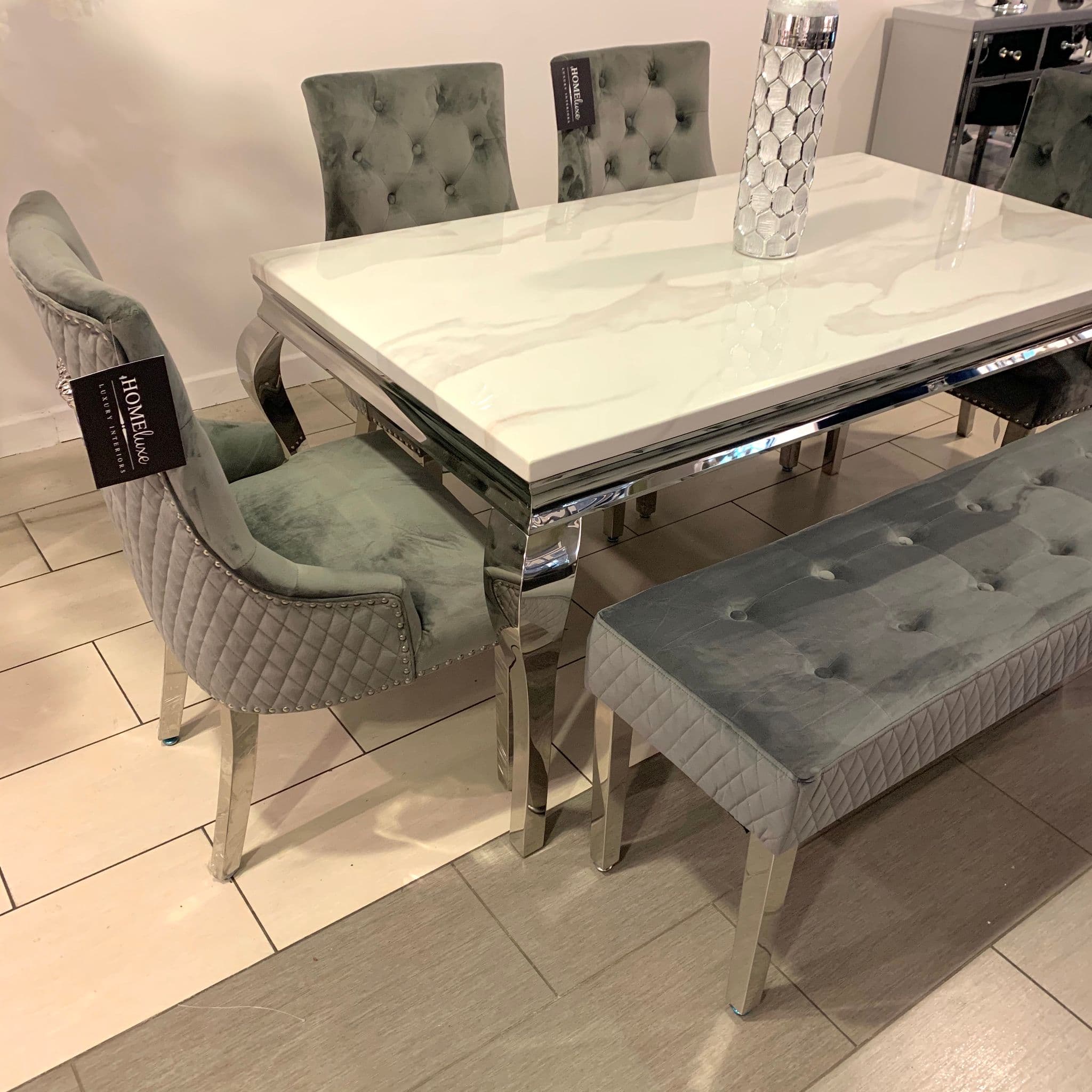 1.6m Marble White Dining Table  Minister Grey Chairs