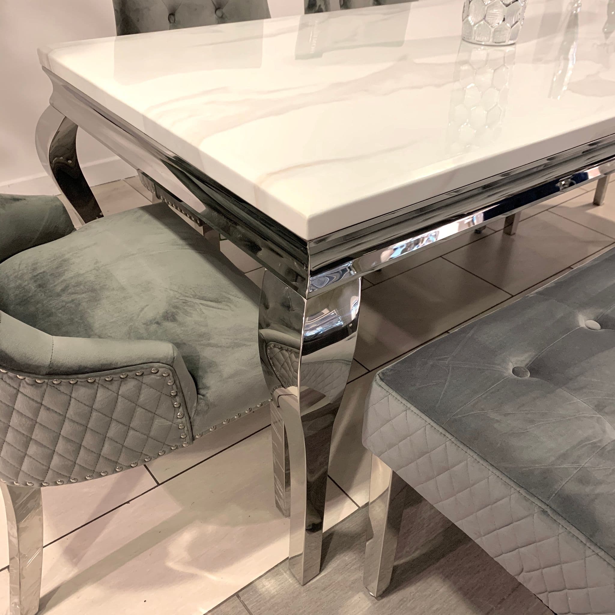 1.6m Marble White Dining Table  Minister Grey Chairs