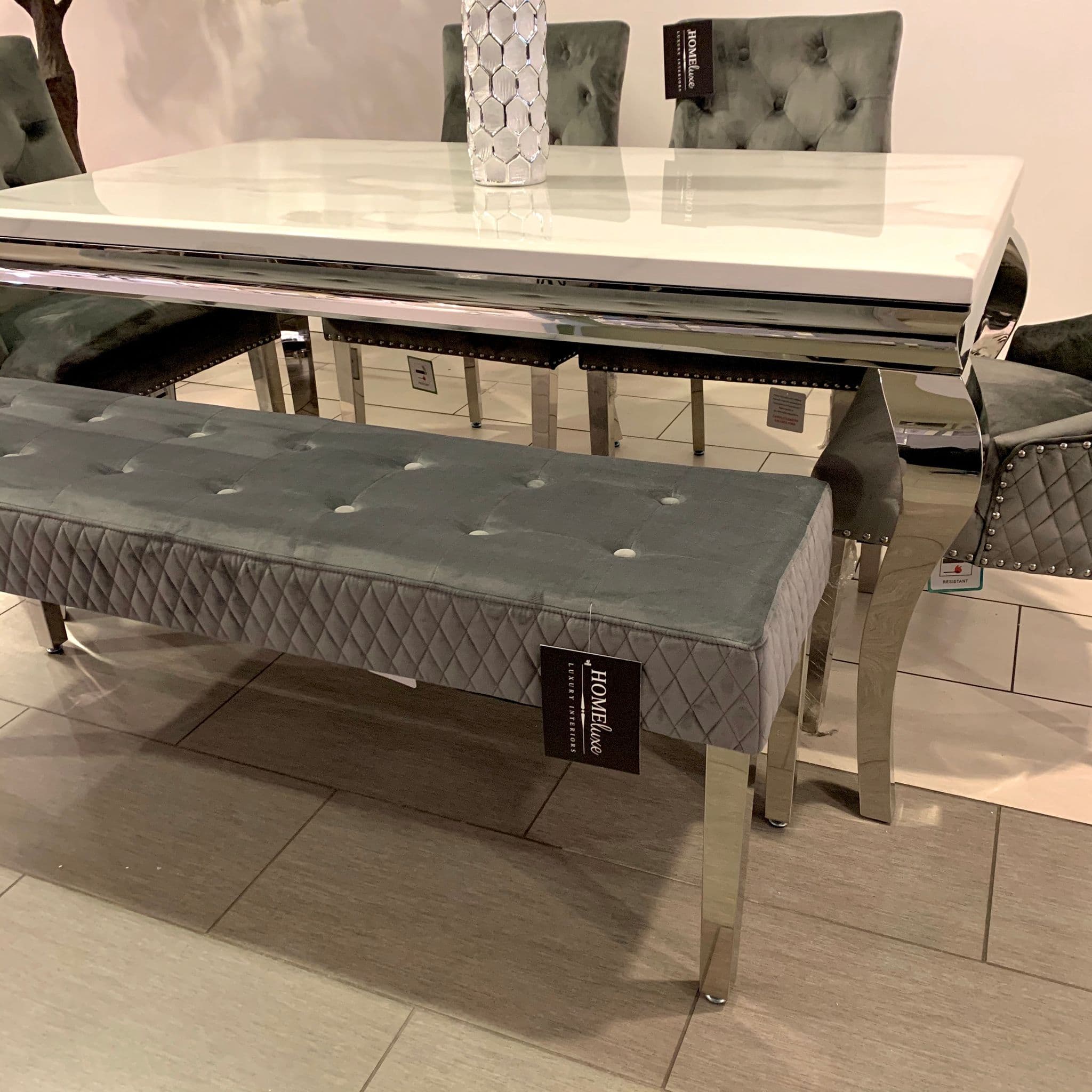 1.6m Marble White Dining Table  Minister Grey Chairs