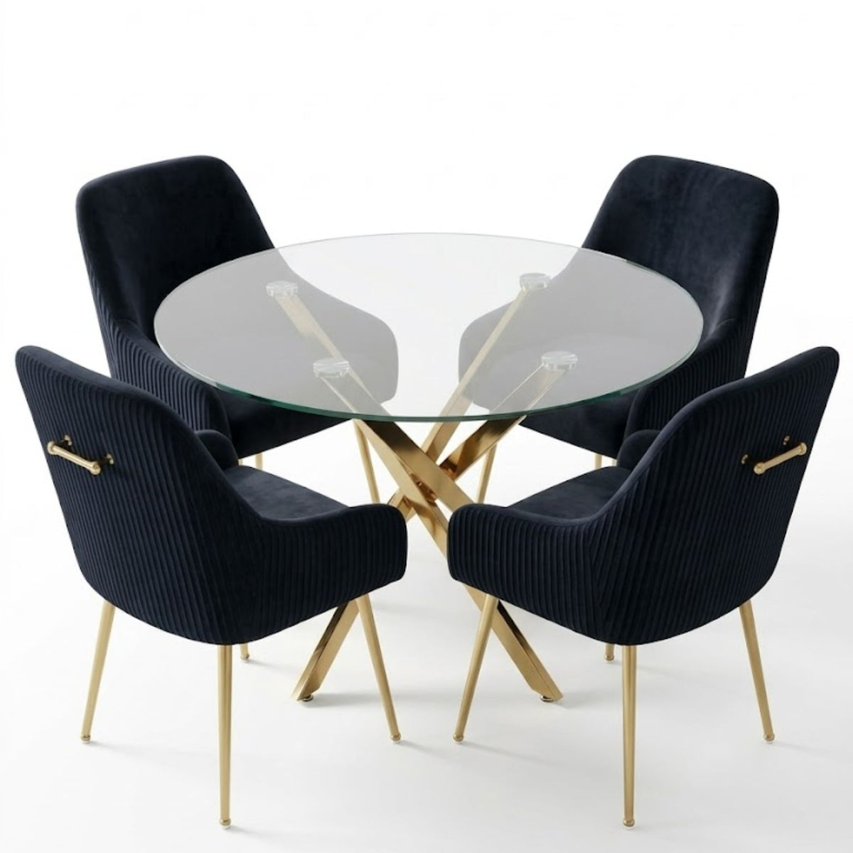 100cm Round Glass Gold Dining Table & 4 Marco Black Gold Chairs Set
