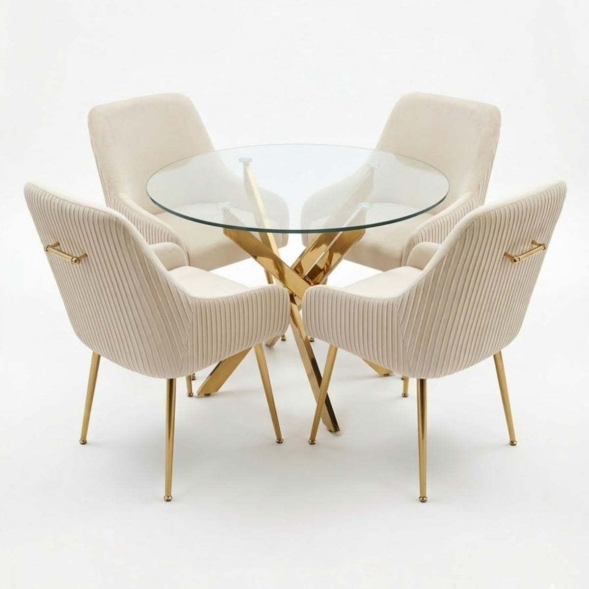 100cm Round Glass Gold Dining Table & 4 Marco Cream Gold Chairs Set