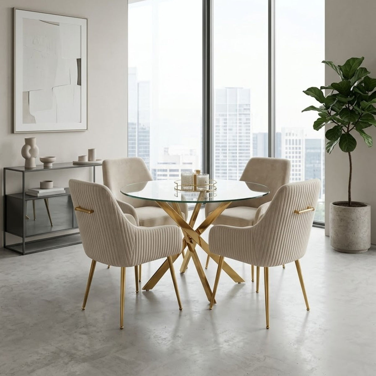 90cm Round Glass Gold Dining Table & 4 Marco Cream Gold Chairs Set
