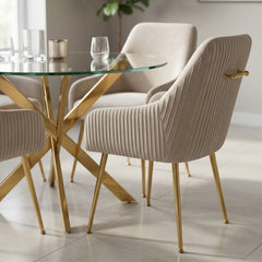 100cm Round Glass Gold Dining Table & 4 Marco Cream Gold Chairs Set