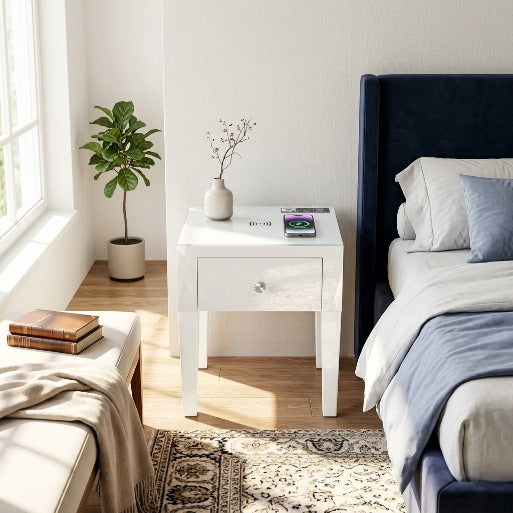 Smart White Glass LED Bedside Table - Wireless Charging & Speaker
