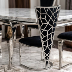 1.2m Grey Marble Dining Table with 4 Vienna Black Silver Chairs UK