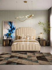 Modern Classic Stepped Camelback Bed Frame with Vertical Channeling & Nailhead Trim