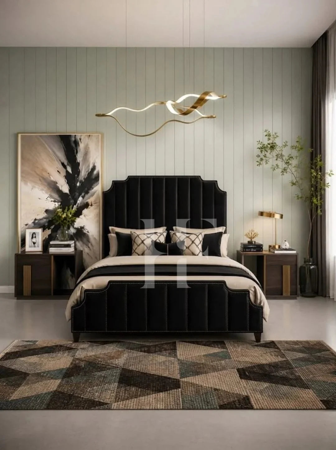 Modern Classic Stepped Camelback Bed Frame with Vertical Channeling & Nailhead Trim