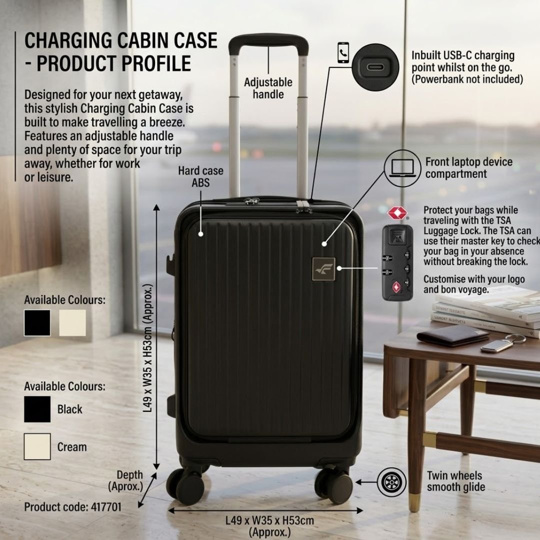 Charging Cabin Case Black - Hard Shell USB-C TSA Travel Suitcase