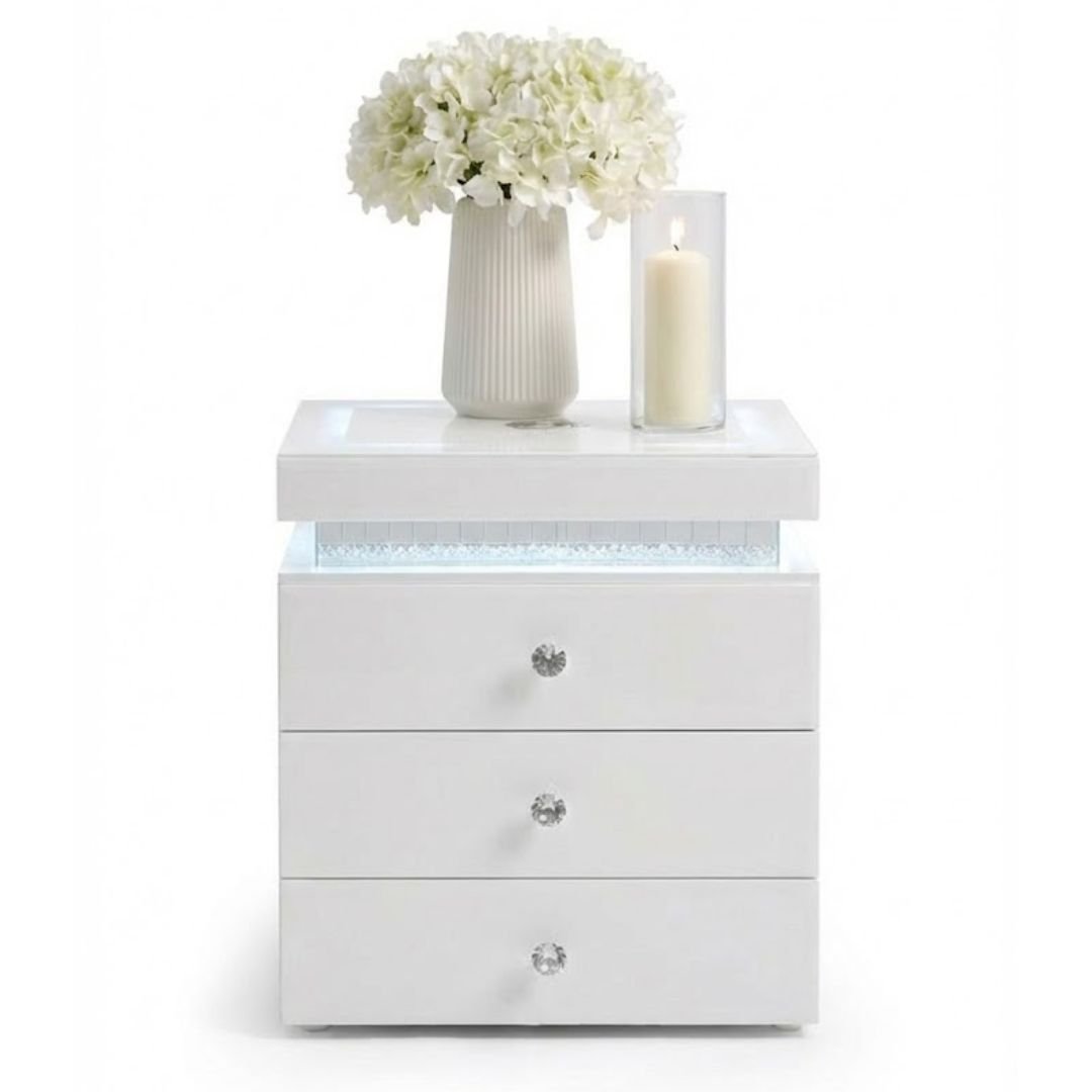 LED Media White Bedside 3 Drawer