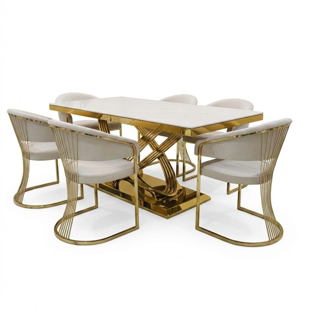 Elina 180cm Cream & Gold Marble Dining Table & 6 Porado Chairs Set