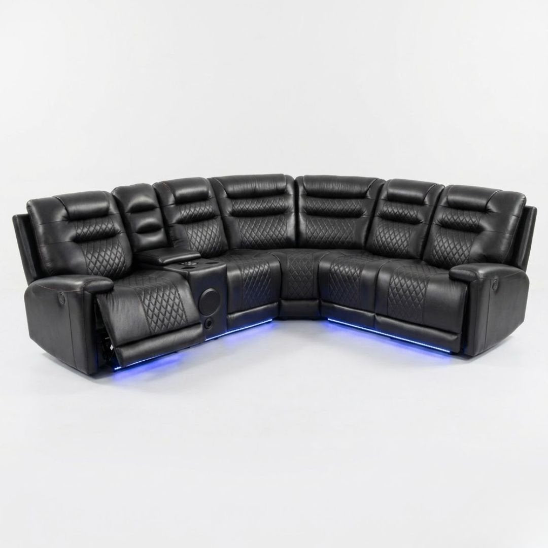 Daytona Electric Leather Corner Recliner - Bluetooth & LED - Black