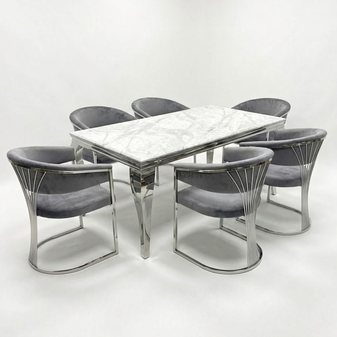 160cm Grey Marble & Silver Dining Table with 6 Porado Grey Chairs
